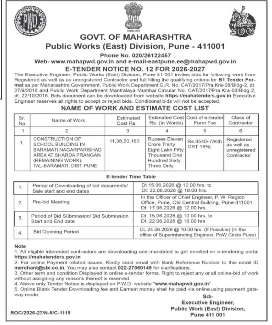 Government of Maharashtra – PWD (East Division), Pune E-Tender Notice No. 12 (2026–2027)