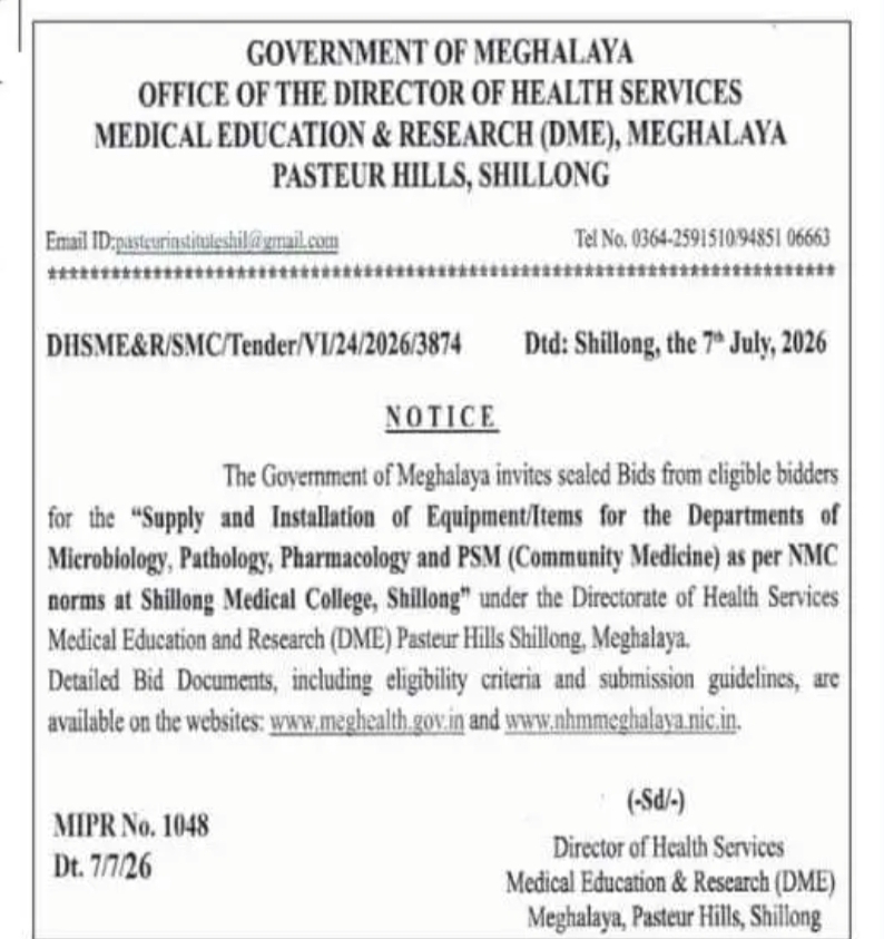 Government of Meghalaya Invites Bids for Medical Equipment at Shillong Medical College