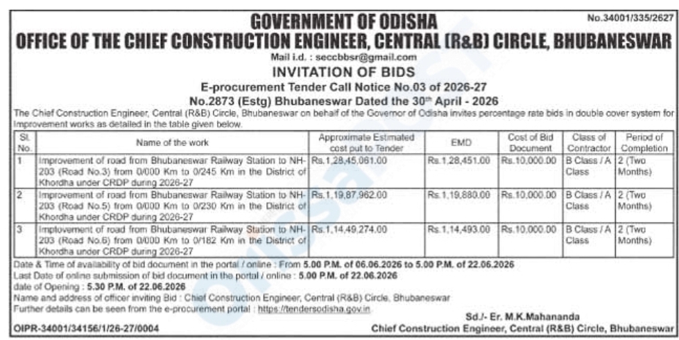GOVERNMENT OF ODISHA Office of the Chief Construction Engineer, Central (R&B) Circle, Bhubaneswar