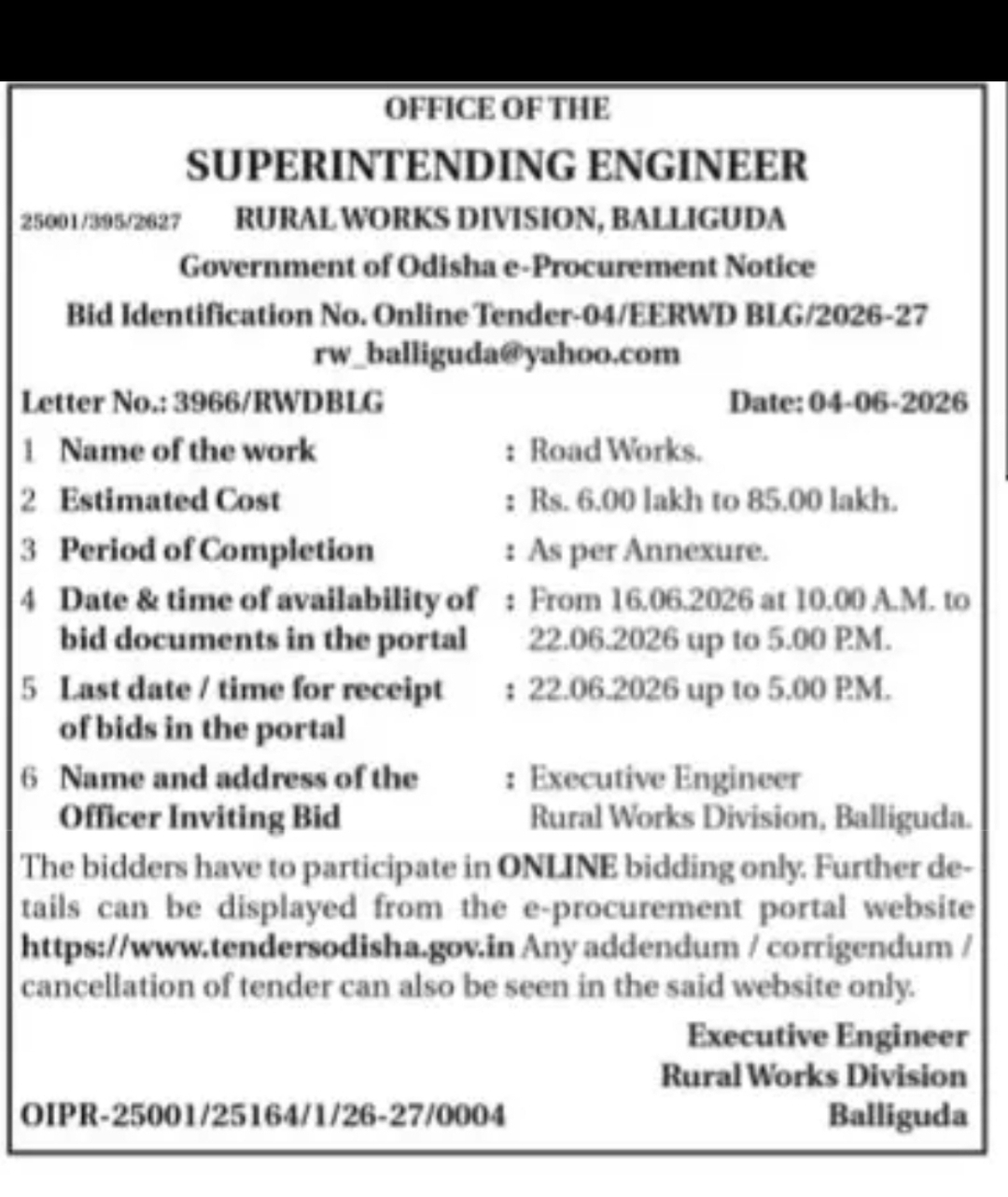 Government of Odisha Office of the Superintending Engineer, Rural Works Division, Balliguda