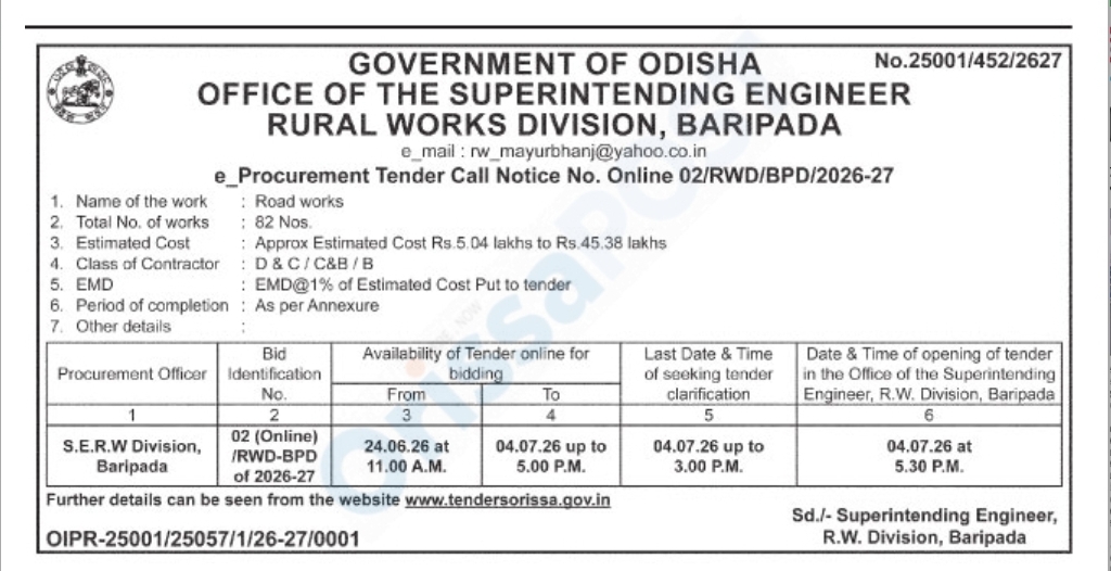 GOVERNMENT OF ODISHA OFFICE OF THE SUPERINTENDING ENGINEER RURAL WORKS DIVISION, BARIPADA