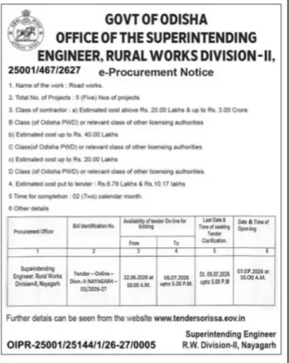 GOVERNMENT OF ODISHA Office of the Superintending Engineer, Rural Works Division–II, Nayagarh e-Procurement Notice