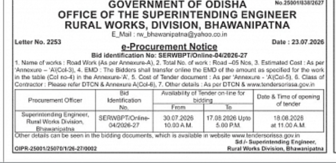 Government of Odisha – Rural Works Division, Bhawanipatna e-Procurement Notice (Road Works)