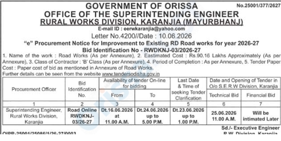 GOVERNMENT OF ODISHA – RURAL WORKS DIVISION, KARANJIA (MAYURBHANJ)