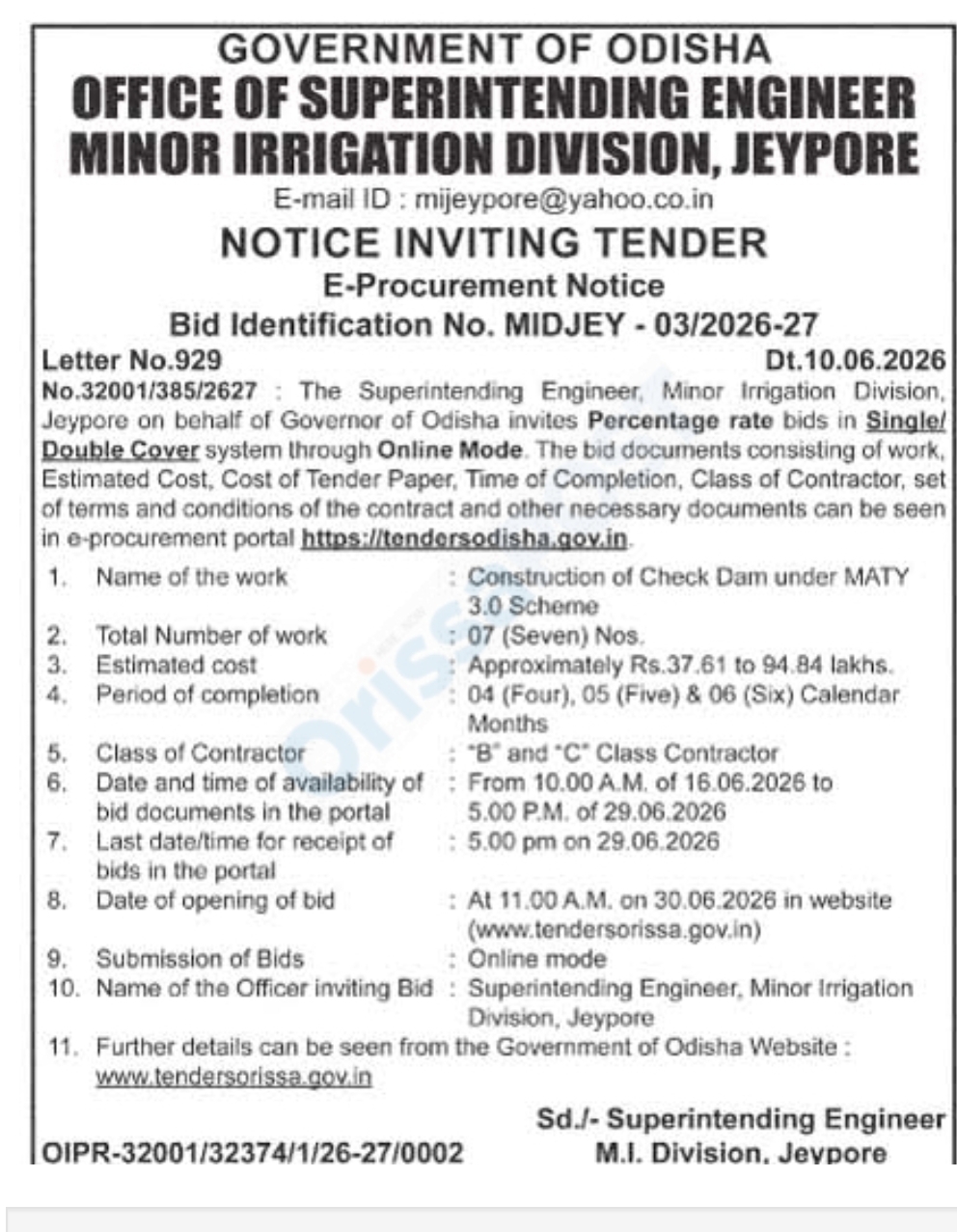 GOVERNMENT OF ODISHA TENDER NOTICE