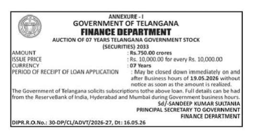Government of Telangana – Auction of 07 Years Telangana Government Stock (Securities) 2033