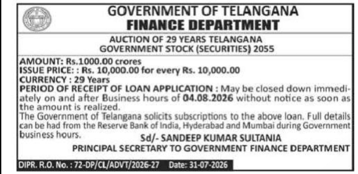 Government of Telangana – Auction of 29-Year Government Securities 2055