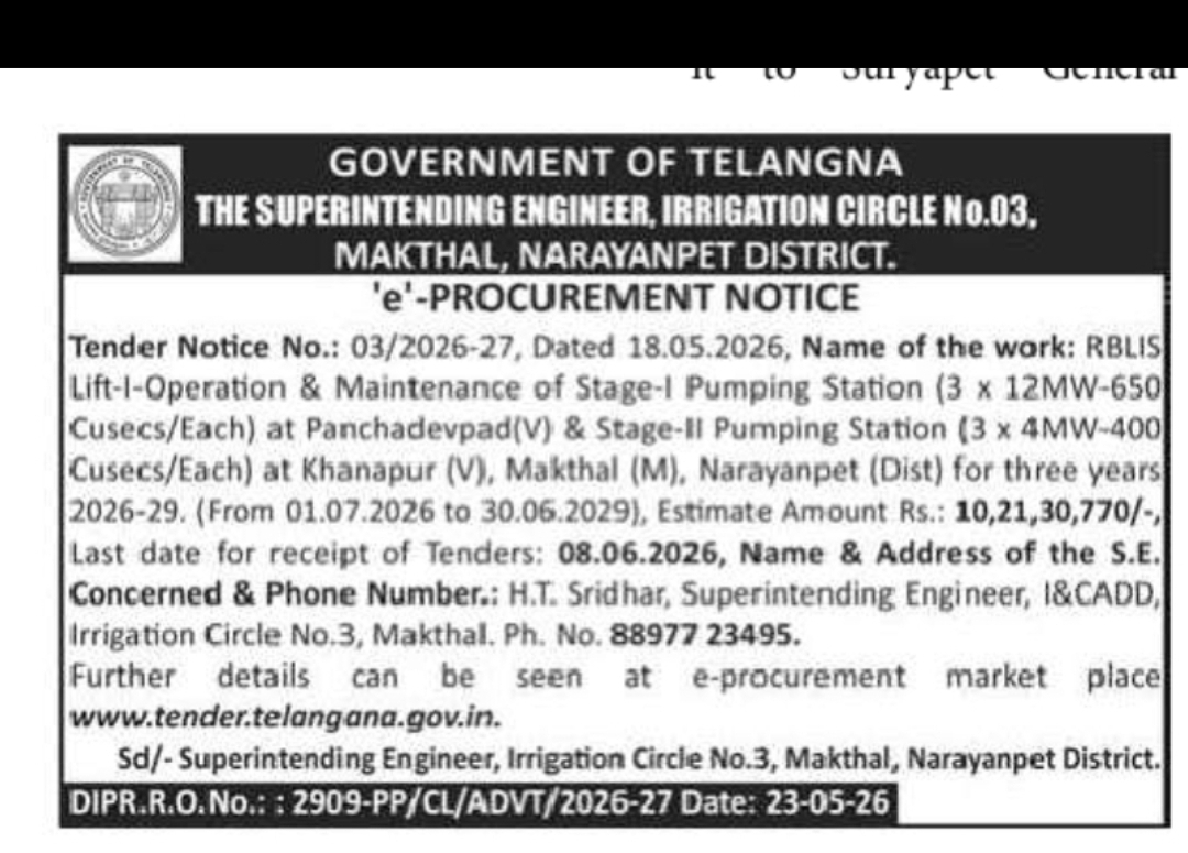 Government of Telangana – Irrigation Department Tender Notice