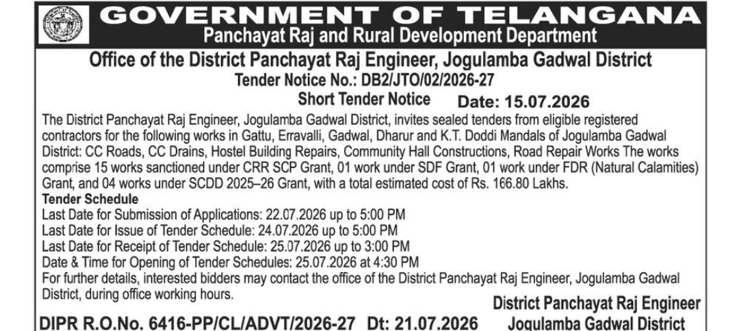 Government of Telangana – Tender Notice for Rural Development Works in Jogulamba Gadwal District