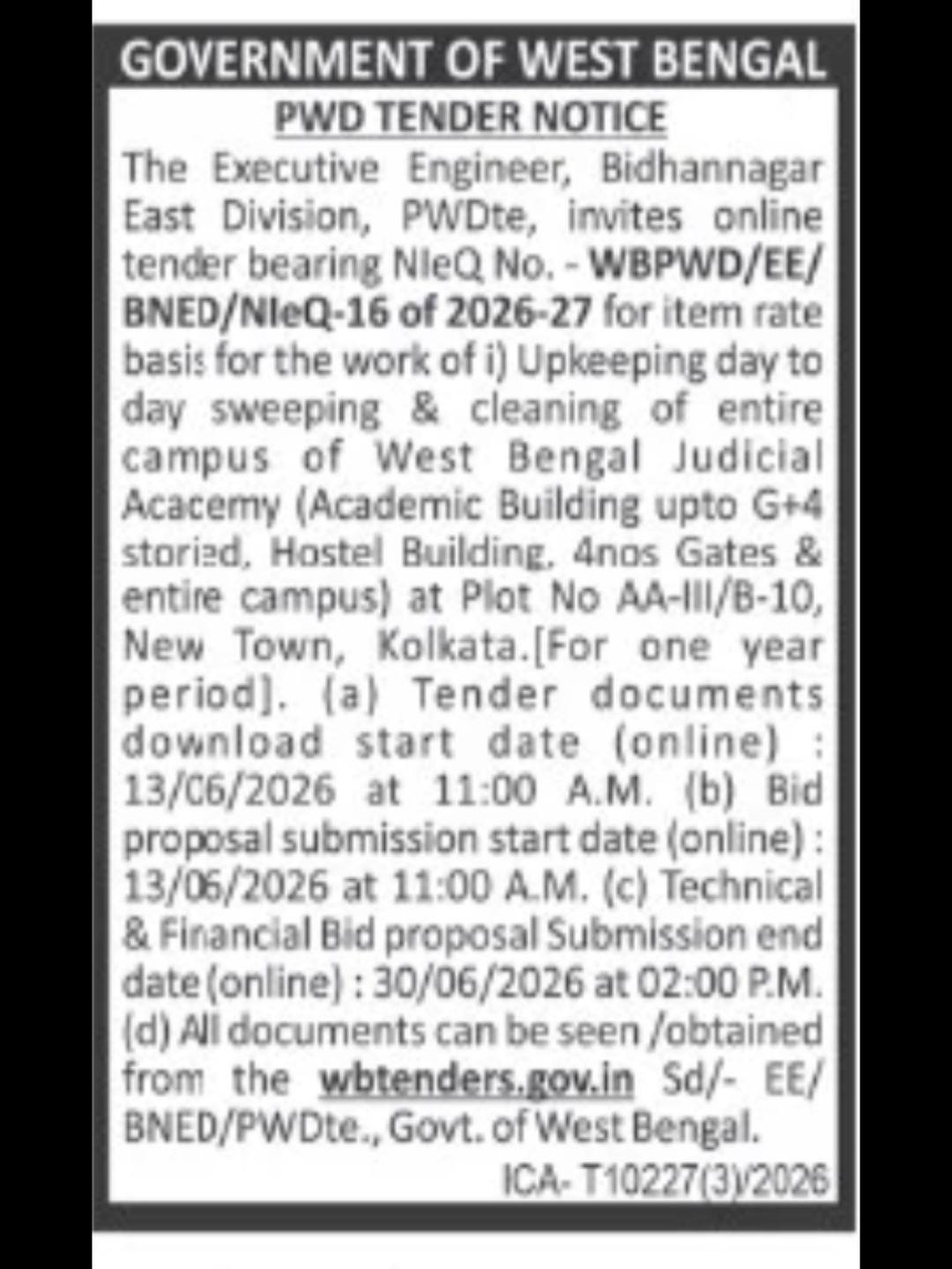 Government of West Bengal – Cleaning and Upkeeping Tender (Judicial Academy, New Town)
