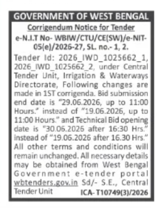 Government of West Bengal – Corrigendum Notice (Irrigation & Waterways Directorate)