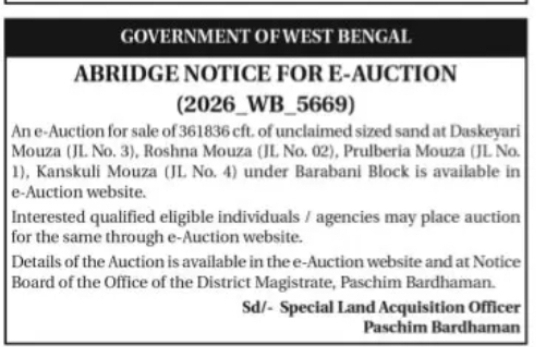 Government of West Bengal E-Auction – Unclaimed Sized Sand at Barabani Block (2026_WB_5669)