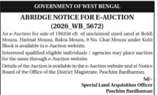 Government of West Bengal E-Auction – Unclaimed Sized Sand at Kulti Block (2026_WB_5672)