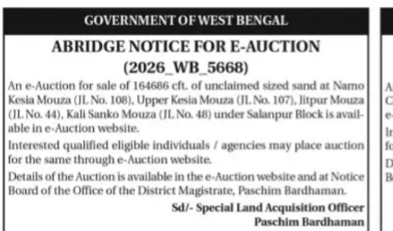 Government of West Bengal E-Auction – Unclaimed Sized Sand at Salanpur Block (2026_WB_5668)