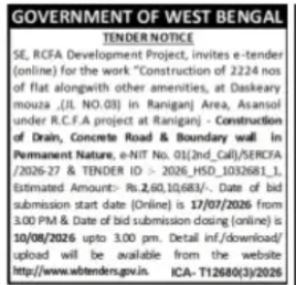 Government of West Bengal E-Tender – Construction of 2224 Flats at Raniganj