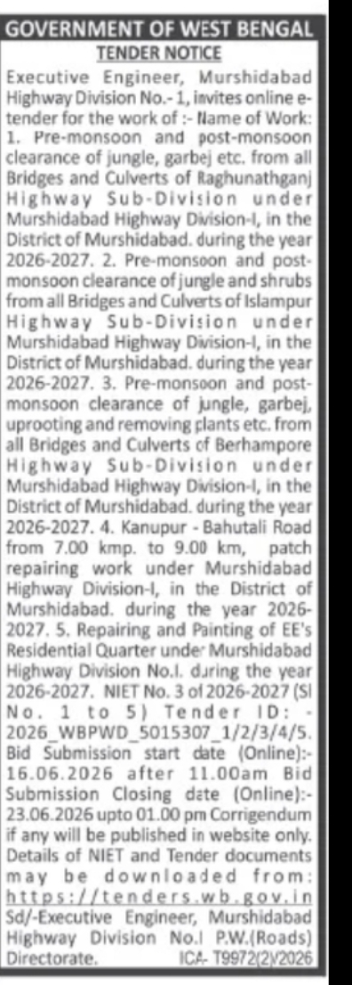 GOVERNMENT OF WEST BENGAL – Highway Maintenance & Civil Works Tender