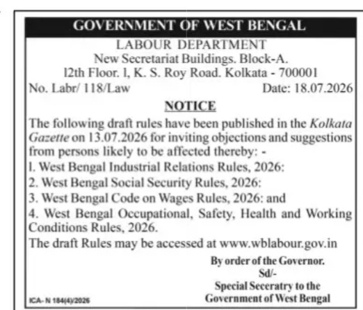 Government of West Bengal Invites Objections and Suggestions on Draft Labour Rules 2026