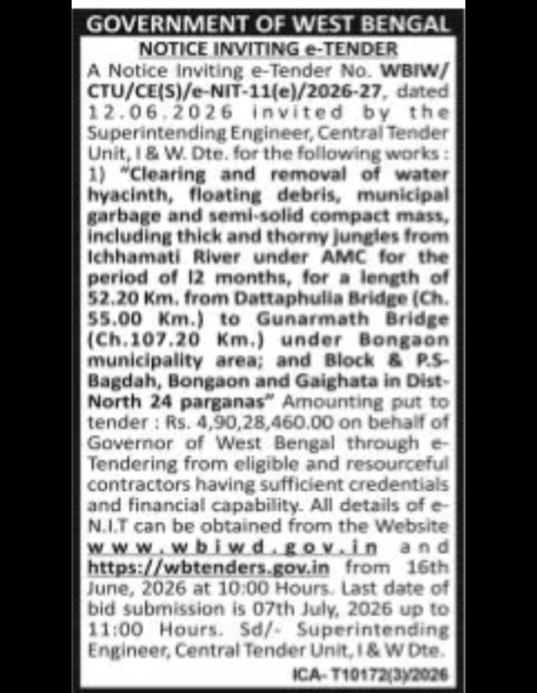 Government of West Bengal Irrigation & Waterways Department – e-Tender Notice