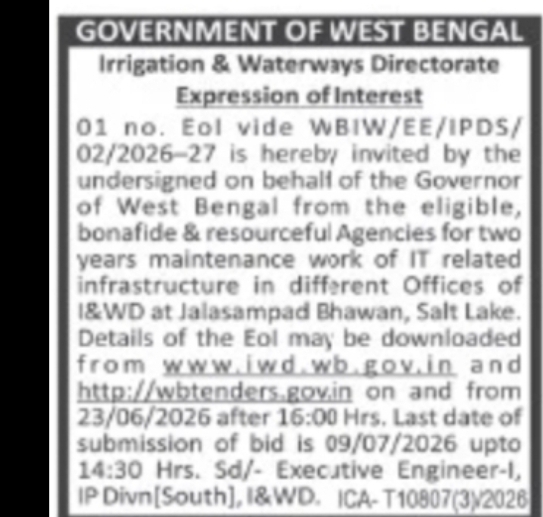 GOVERNMENT OF WEST BENGAL Irrigation & Waterways Directorate EXPRESSION OF INTEREST (EOI)