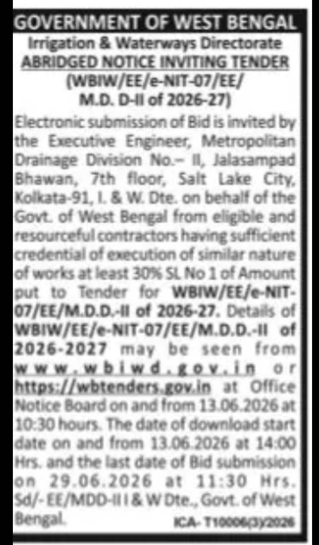 GOVERNMENT OF WEST BENGAL – Irrigation & Waterways Directorate Tender (Kolkata)
