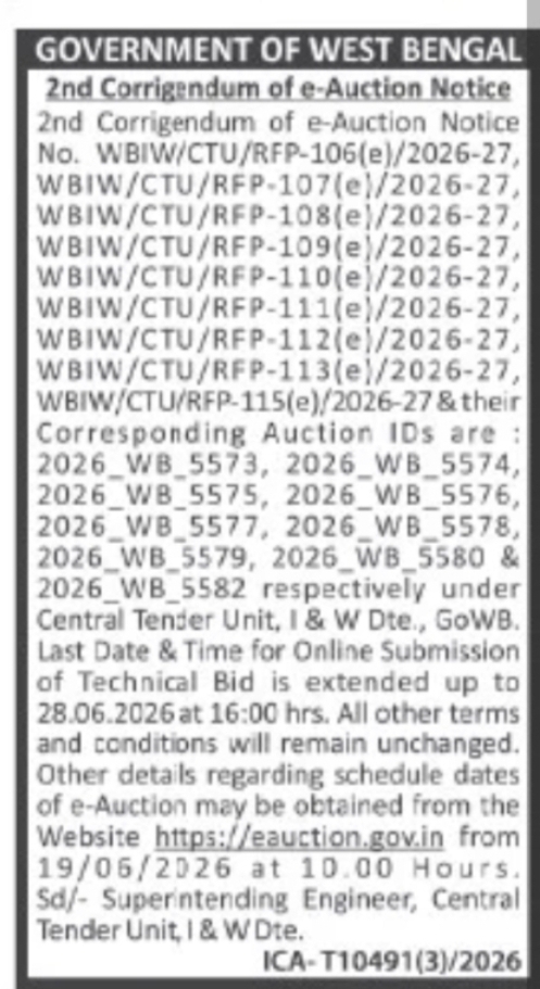 GOVERNMENT OF WEST BENGAL – IRRIGATION & WATERWAYS e-AUCTION CORRIGENDUM