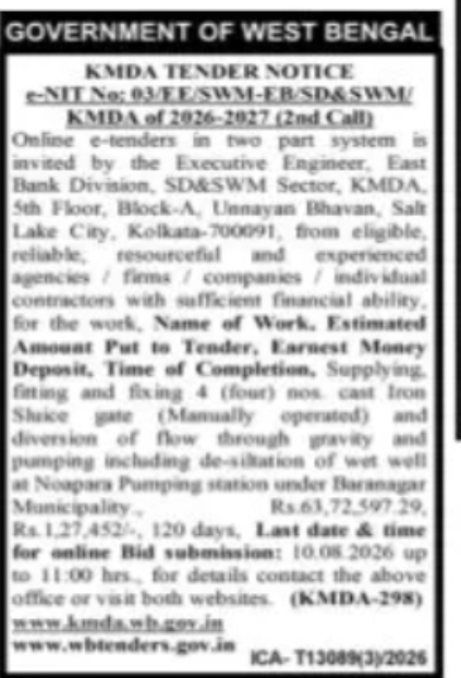 Government of West Bengal – KMDA Tender for Pumping Station Improvement