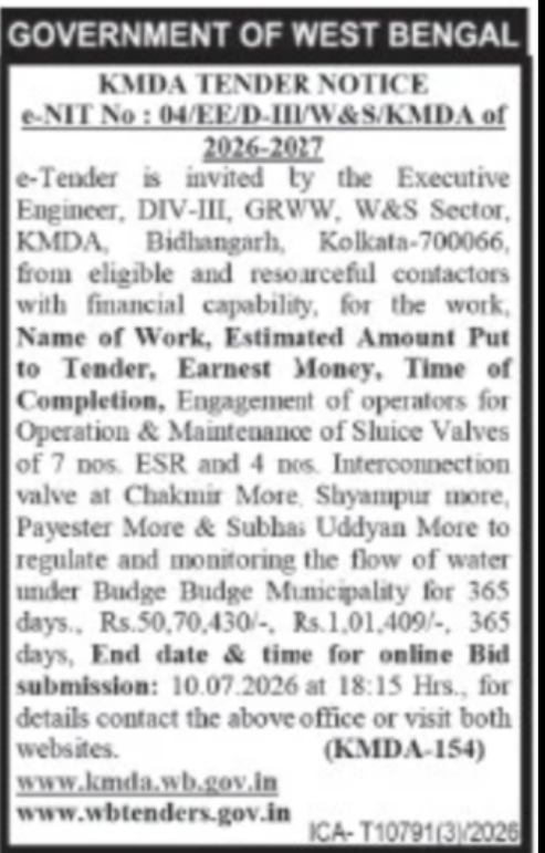 GOVERNMENT OF WEST BENGAL KMDA TENDER NOTICE