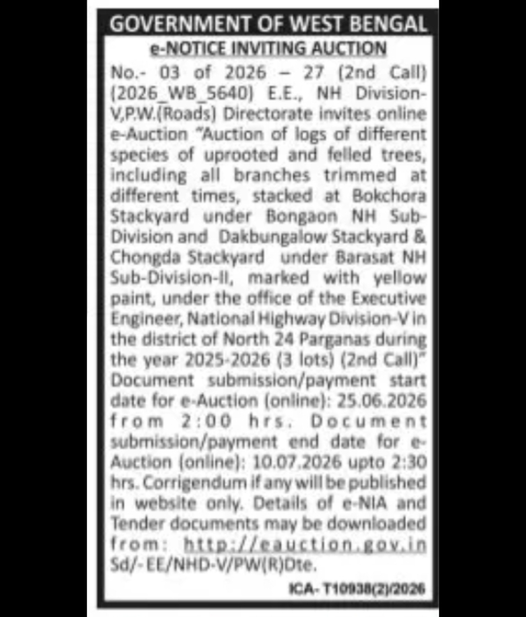 GOVERNMENT OF WEST BENGAL NOTICE INVITING E-AUCTION