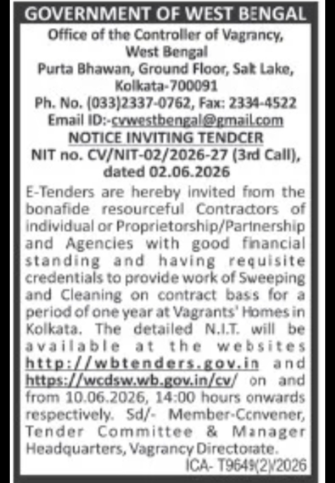 GOVERNMENT OF WEST BENGAL – NOTICE INVITING TENDER