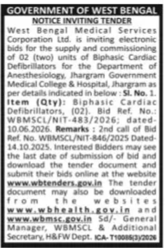 GOVERNMENT OF WEST BENGAL NOTICE INVITING TENDER