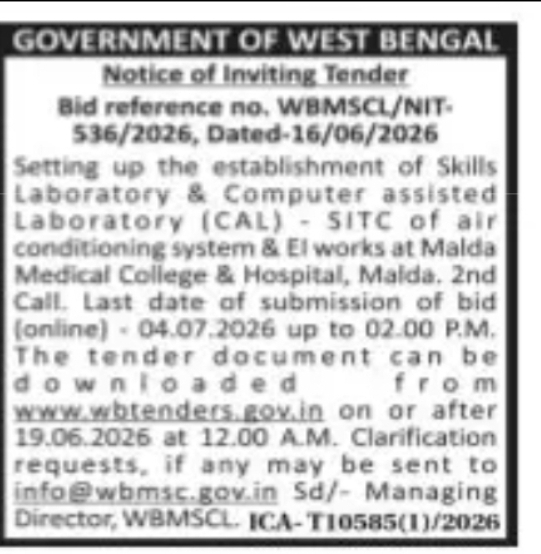 GOVERNMENT OF WEST BENGAL NOTICE INVITING TENDER