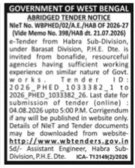 Government of West Bengal PHED Abridged Tender Notice – Habra Sub-Division