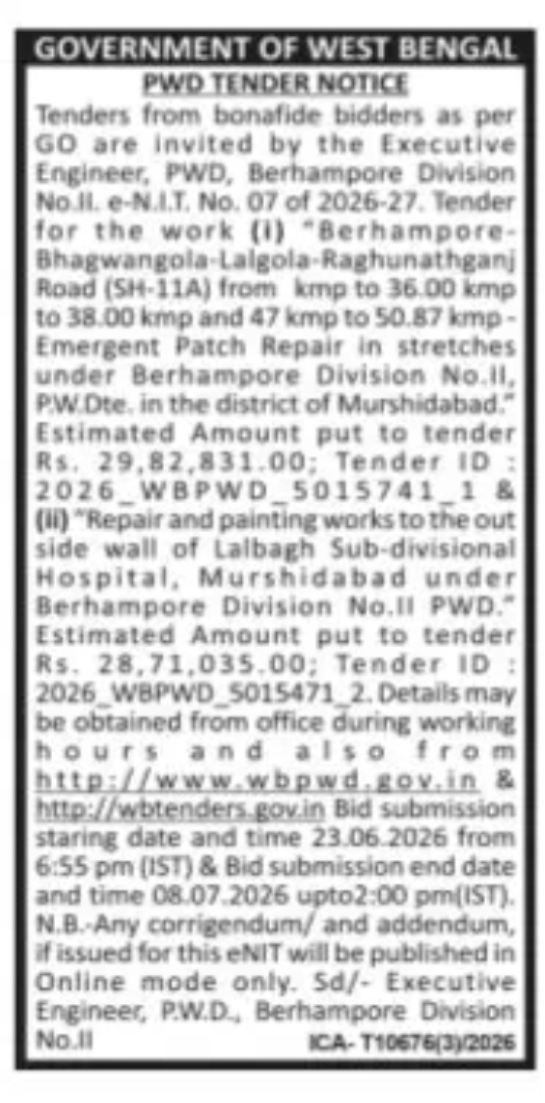 GOVERNMENT OF WEST BENGAL PUBLIC WORKS DEPARTMENT E-NIT NO. 07 OF 2026-27 – BERHAMPORE DIVISION NO. II