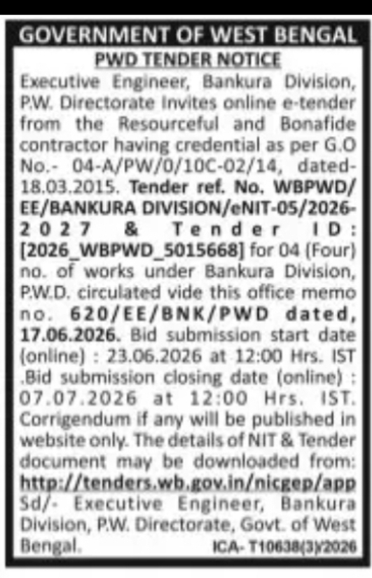 GOVERNMENT OF WEST BENGAL PUBLIC WORKS DEPARTMENT (PWD) E-TENDER NOTICE – BANKURA DIVISION