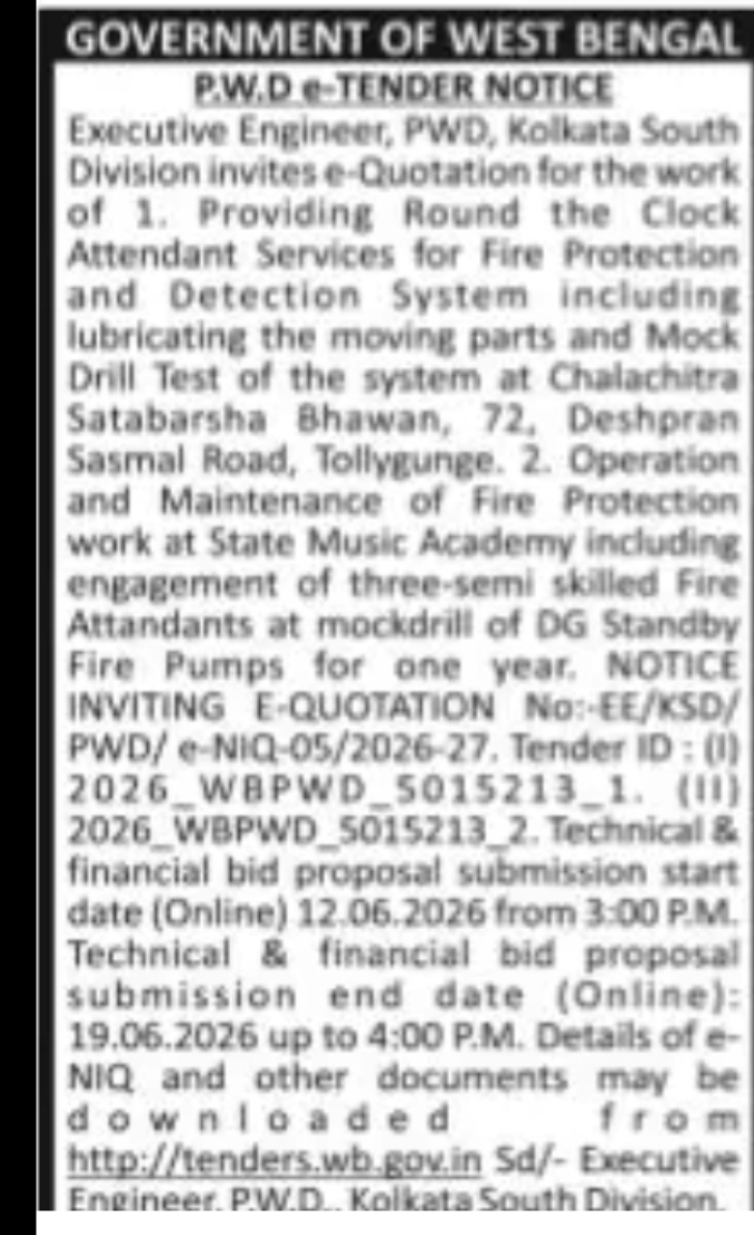 GOVERNMENT OF WEST BENGAL  Public Works Department (PWD), Kolkata South Division e-Quotation Notice