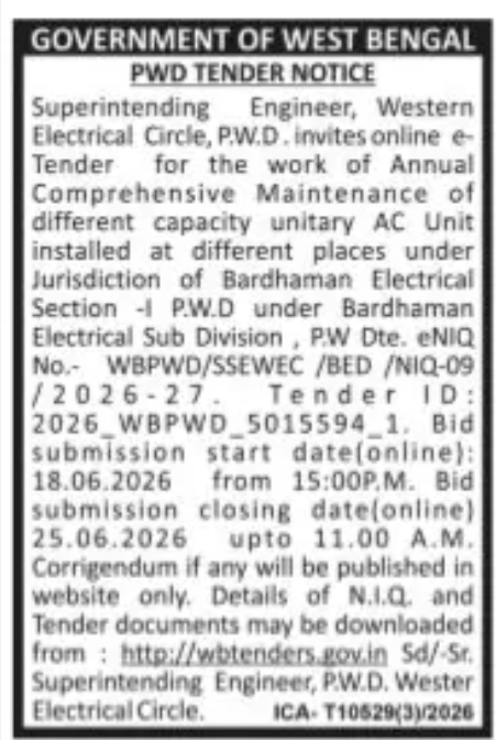Government of West Bengal Public Works Department (PWD) – Tender Notice