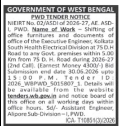 GOVERNMENT OF WEST BENGAL PUBLIC WORKS DEPARTMENT (PWD) TENDER NOTICE