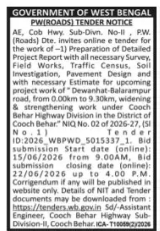 GOVERNMENT OF WEST BENGAL P.W. (ROADS) TENDER NOTICE