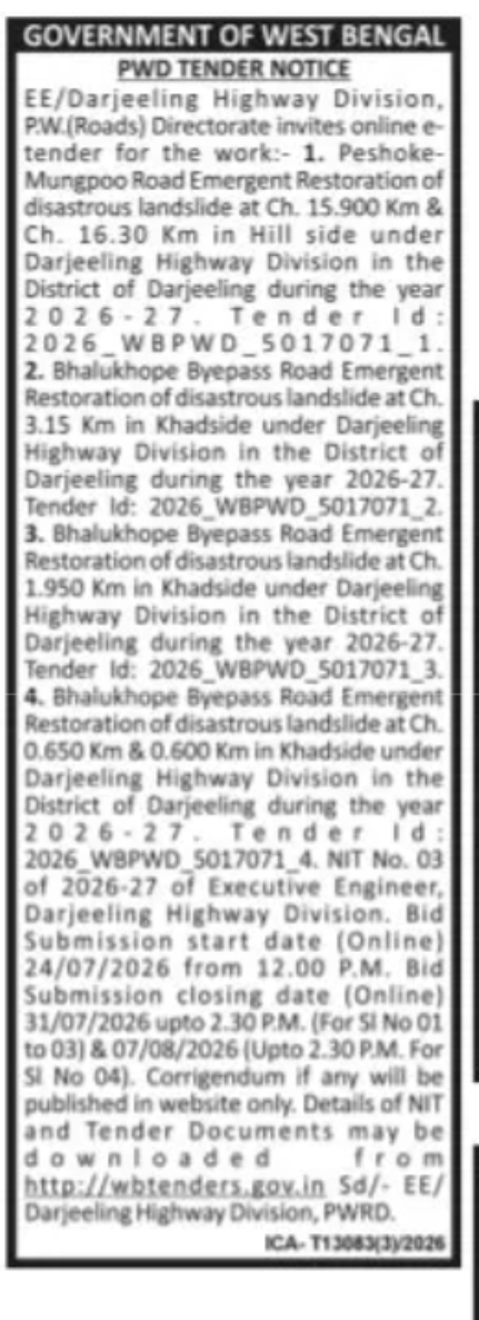 Government of West Bengal – PWD Darjeeling Highway Restoration Tender