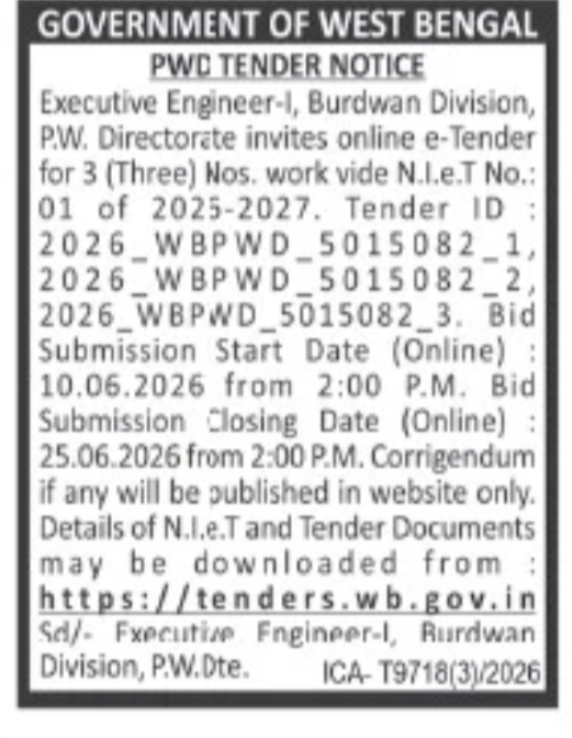 Government of West Bengal – PWD e-Tender Notice