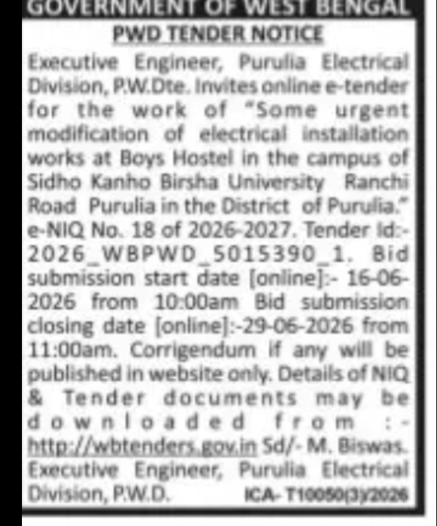 GOVERNMENT OF WEST BENGAL – PWD Electrical Tender Notice (Purulia)