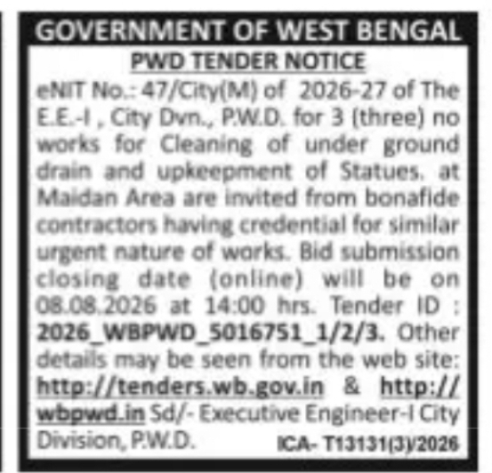 Government of West Bengal PWD Tender Notice – Cleaning of Underground Drain & Upkeep of Statues