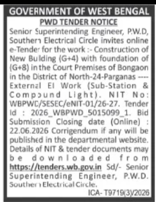 GOVERNMENT OF WEST BENGAL – PWD TENDER NOTICE