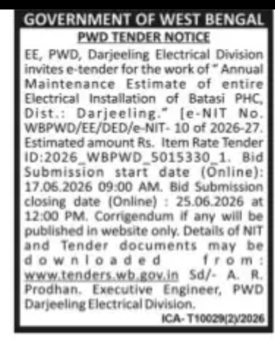GOVERNMENT OF WEST BENGAL PWD TENDER NOTICE
