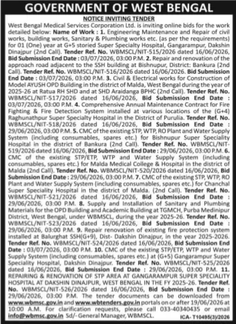 GOVERNMENT OF WEST BENGAL WEST BENGAL MEDICAL SERVICES CORPORATION LTD. (WBMSCL) NOTICE INVITING TENDER