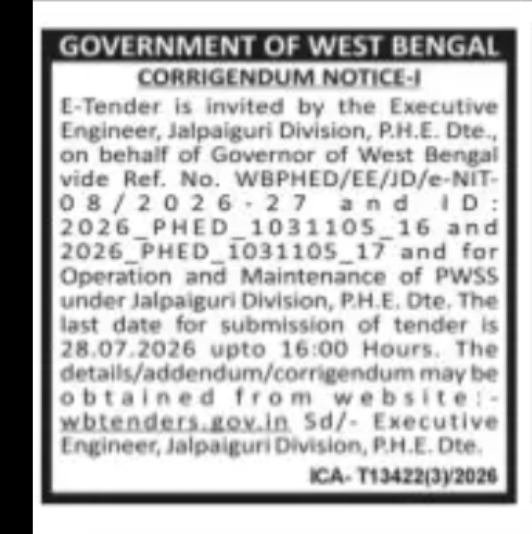 Government Tender Notice – Jalpaiguri Division PHED