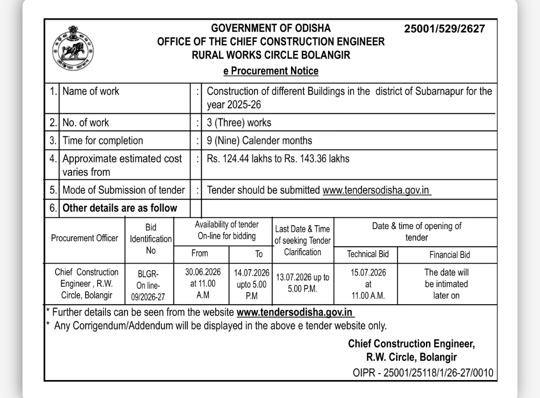 Government Tender Notice – Odisha