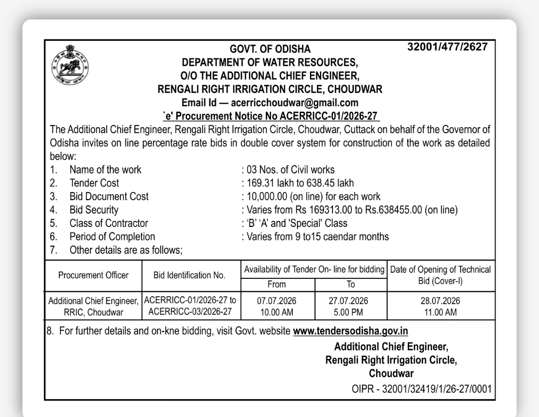 GOVT. OF ODISHA DEPARTMENT OF WATER RESOURCES OFFICE OF THE ADDITIONAL CHIEF ENGINEER RENGALI RIGHT IRRIGATION CIRCLE, CHOUDWAR, CUTTACK