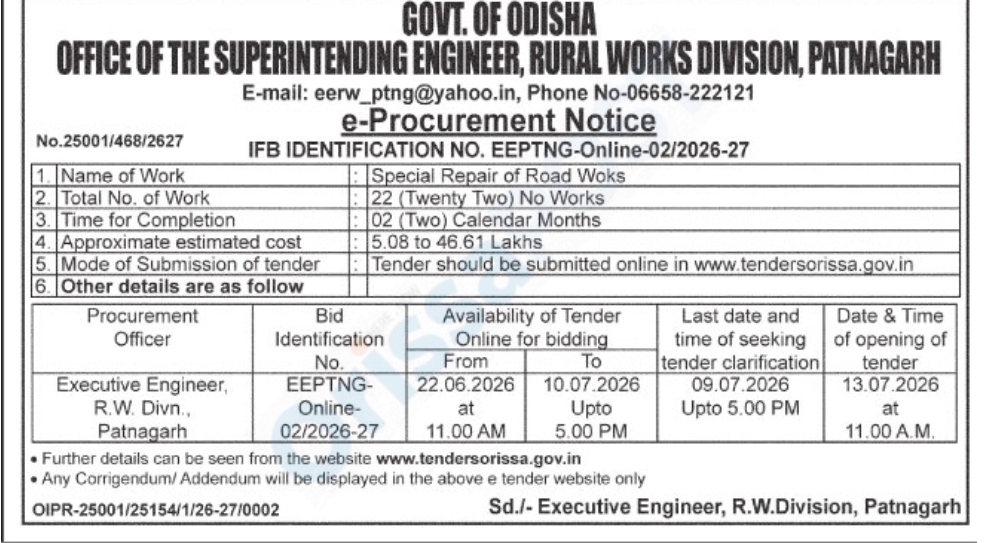 GOVT. OF ODISHA OFFICE OF THE SUPERINTENDING ENGINEER, RURAL WORKS DIVISION, PATNAGARH