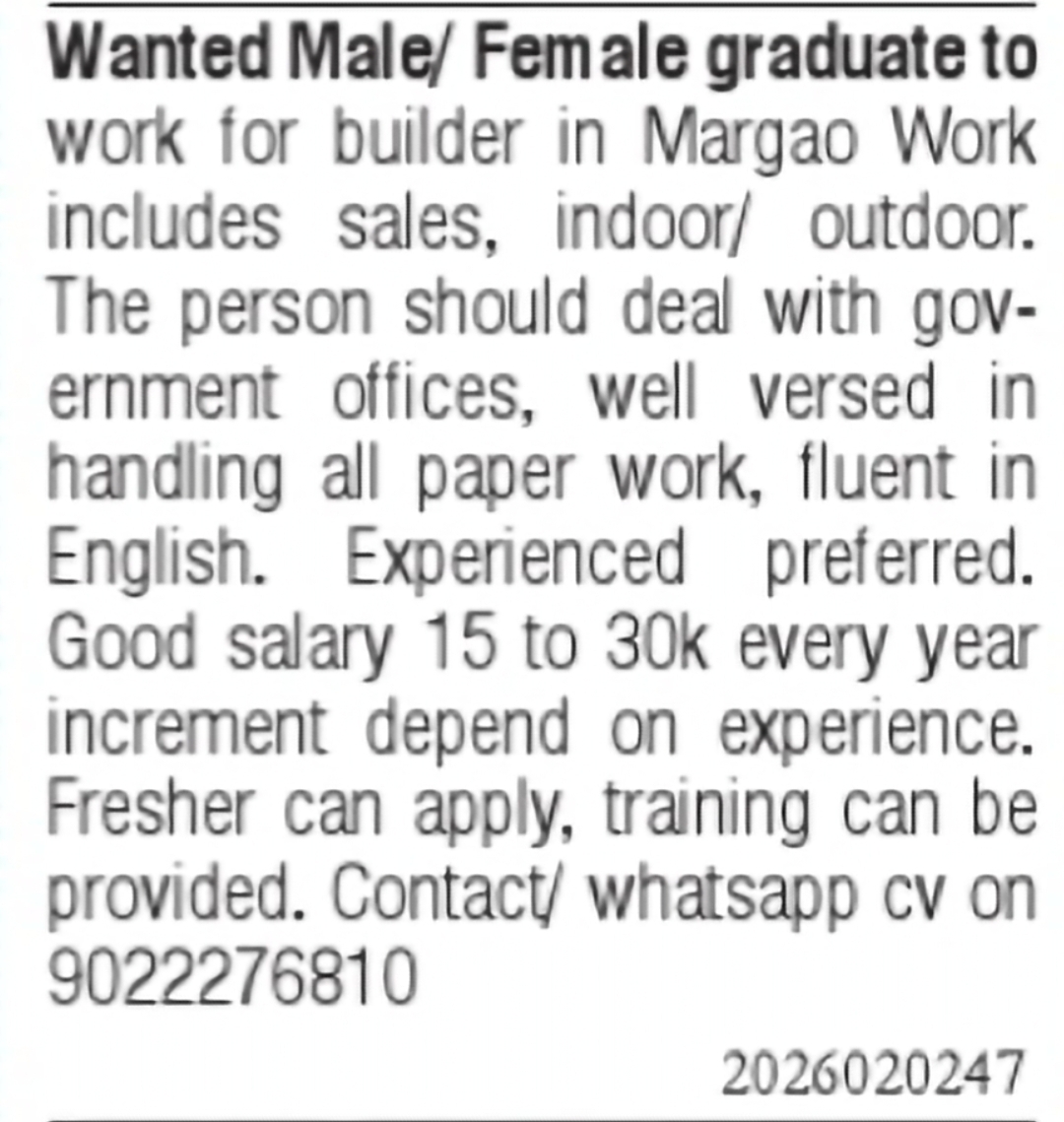 Graduate Staff Required for Builder in Margao
